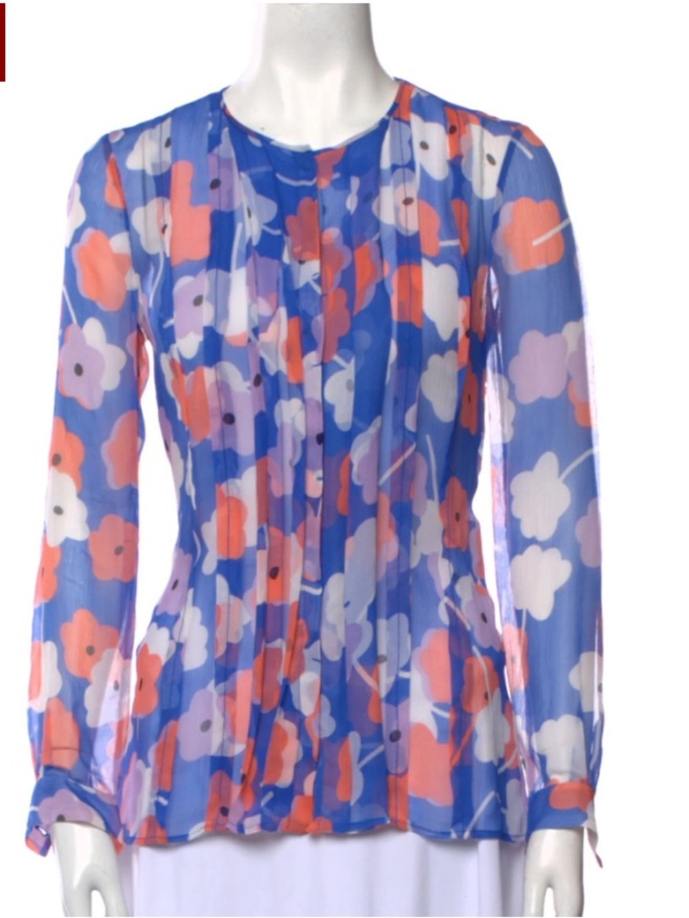 Diane von Furstenberg Blue Floral Pleated 100% Silk Blouse